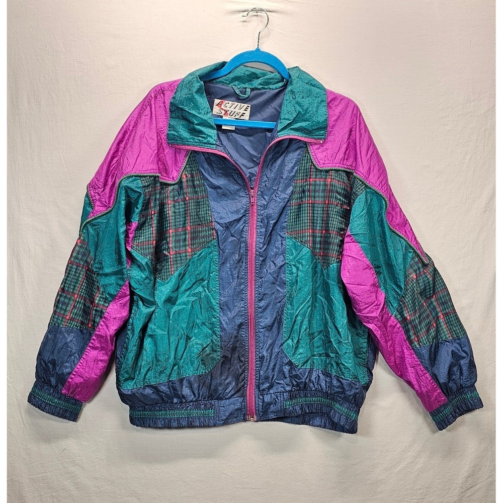 Vintage Active Stuff Windbreaker Jacket Women's Medium Colorblock Plaid 90s‎
